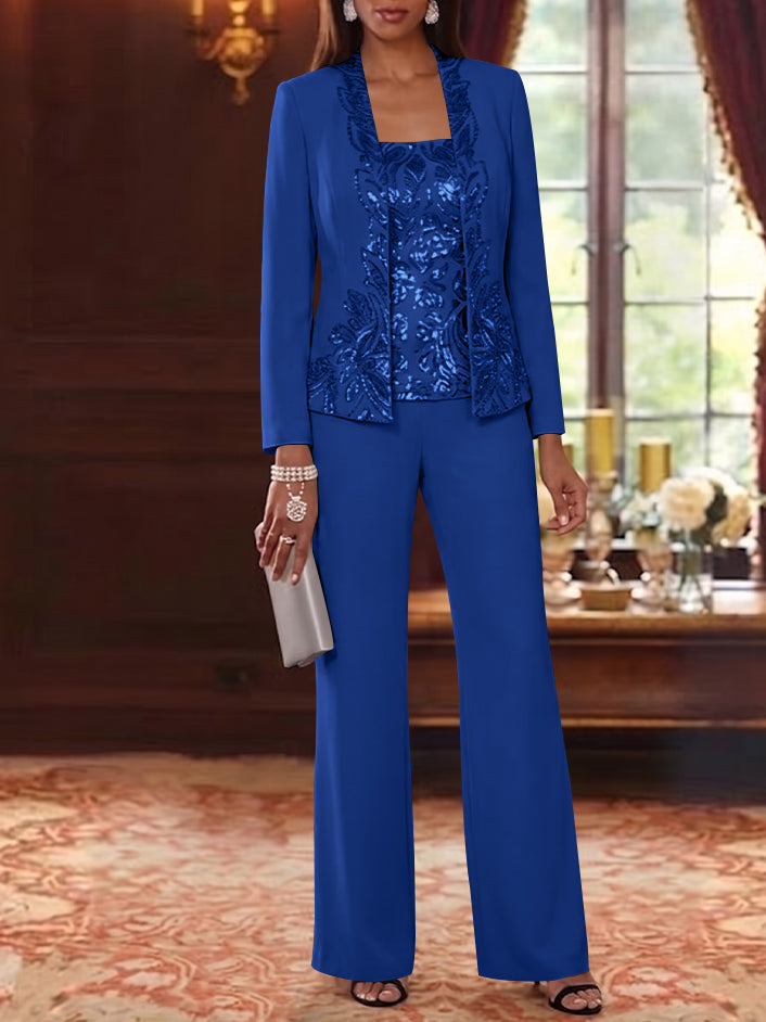 3 Pieces Scoop Chiffon Mother of the Bride Pantsuits Foral Long Sleeves Ankle-Length