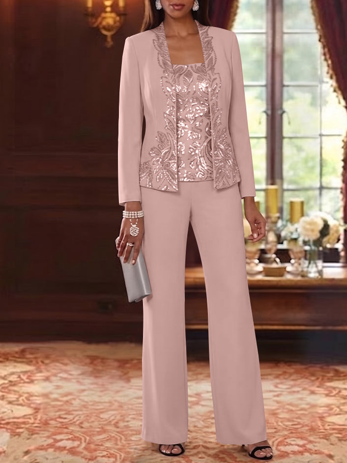 3 Pieces Scoop Chiffon Mother of the Bride Pantsuits Foral Long Sleeves Ankle-Length