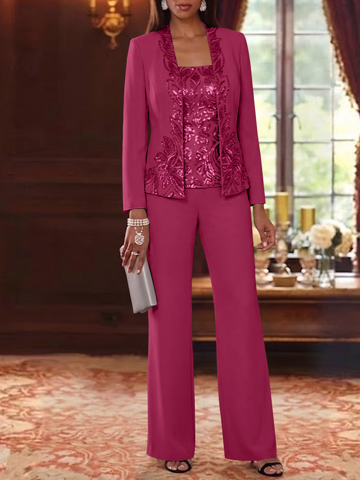 3 Pieces Scoop Chiffon Mother of the Bride Pantsuits Foral Long Sleeves Ankle-Length