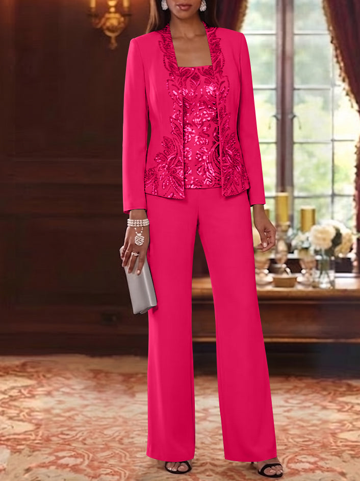 3 Pieces Scoop Chiffon Mother of the Bride Pantsuits Foral Long Sleeves Ankle-Length
