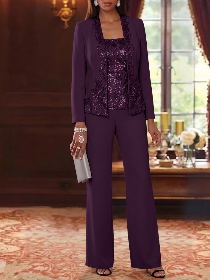 3 Pieces Scoop Chiffon Mother of the Bride Pantsuits Foral Long Sleeves Ankle-Length