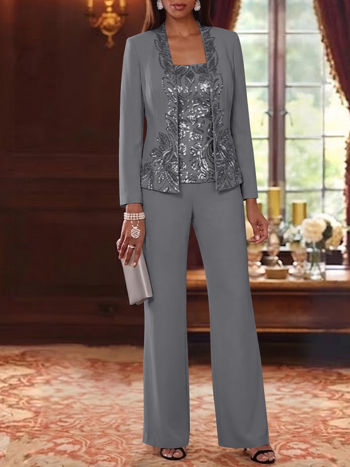 3 Pieces Scoop Chiffon Mother of the Bride Pantsuits Foral Long Sleeves Ankle-Length