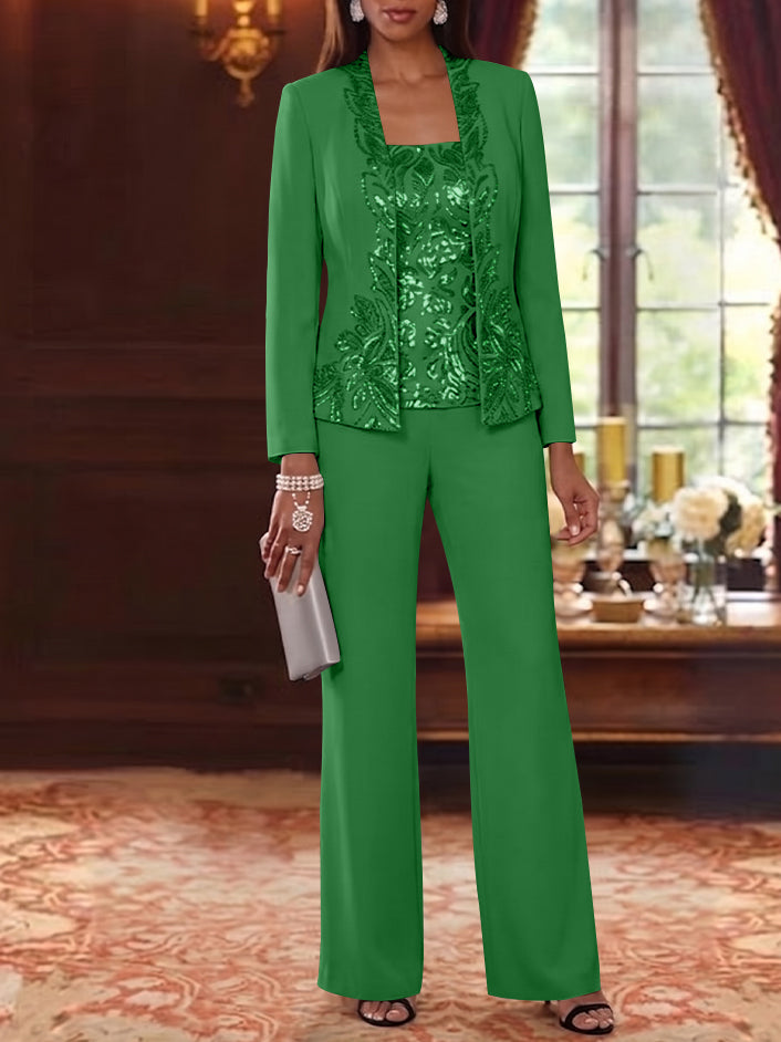 3 Pieces Scoop Chiffon Mother of the Bride Pantsuits Foral Long Sleeves Ankle-Length