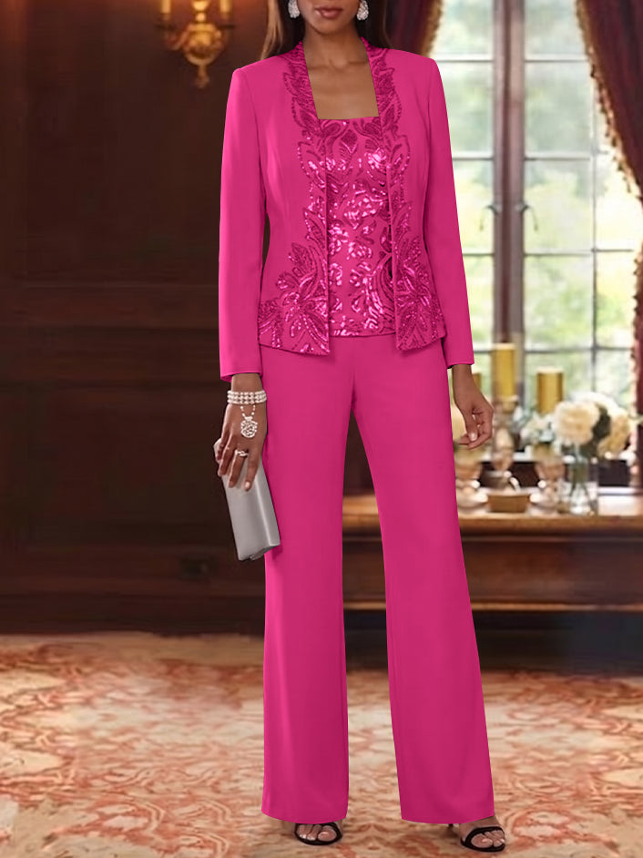 3 Pieces Scoop Chiffon Mother of the Bride Pantsuits Foral Long Sleeves Ankle-Length