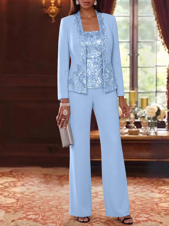 3 Pieces Scoop Chiffon Mother of the Bride Pantsuits Foral Long Sleeves Ankle-Length
