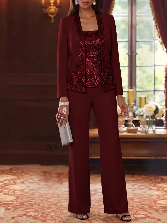 3 Pieces Scoop Chiffon Mother of the Bride Pantsuits Foral Long Sleeves Ankle-Length