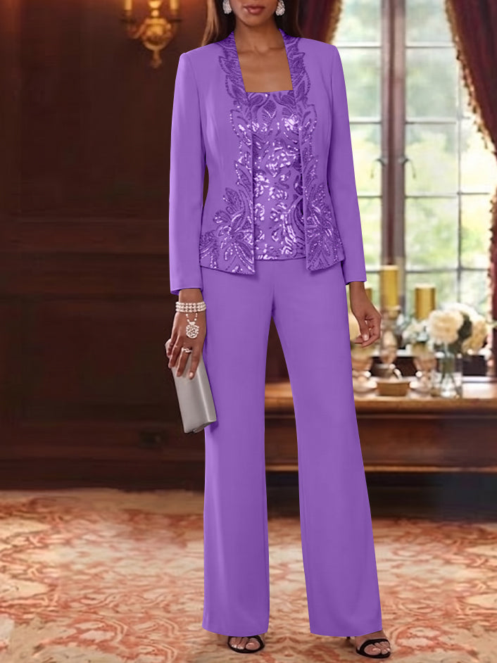 3 Pieces Scoop Chiffon Mother of the Bride Pantsuits Foral Long Sleeves Ankle-Length