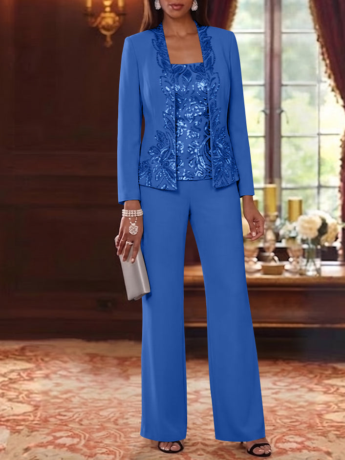 3 Pieces Scoop Chiffon Mother of the Bride Pantsuits Foral Long Sleeves Ankle-Length