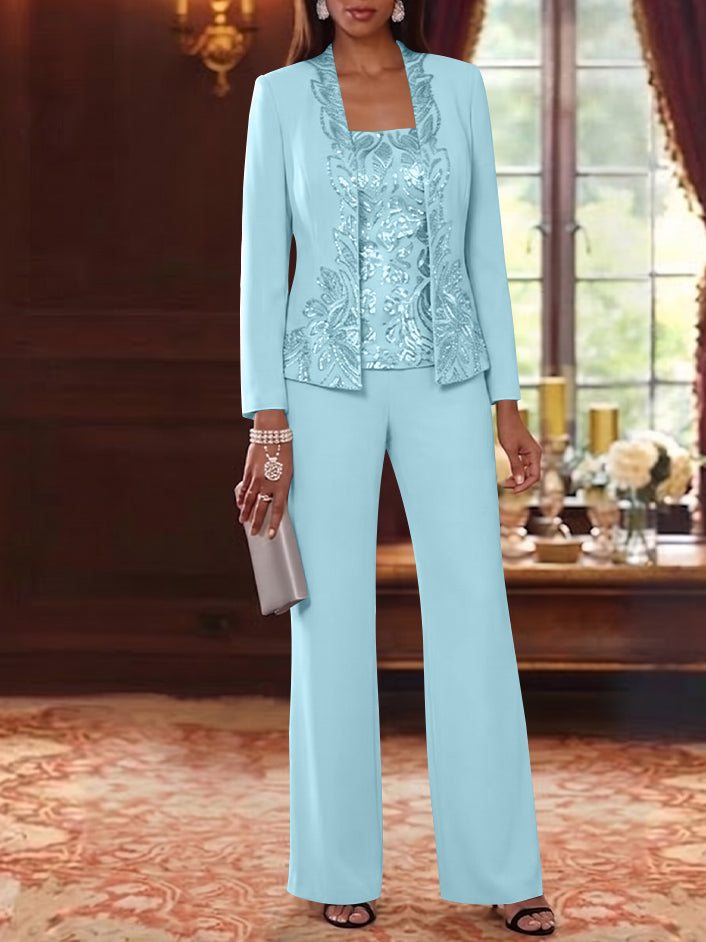 3 Pieces Scoop Chiffon Mother of the Bride Pantsuits Foral Long Sleeves Ankle-Length