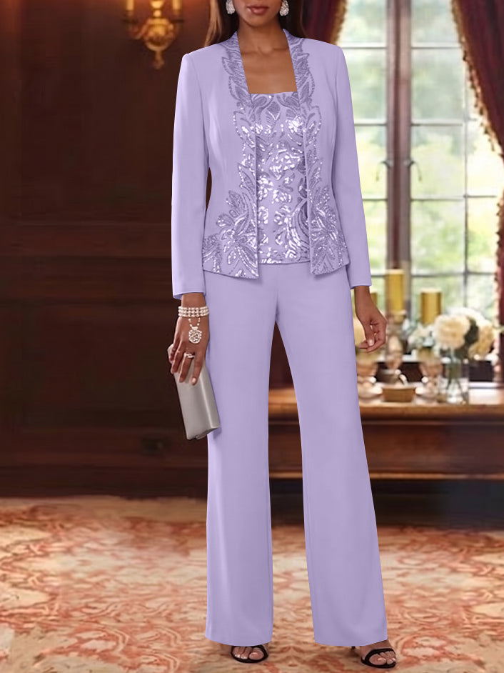 3 Pieces Scoop Chiffon Mother of the Bride Pantsuits Foral Long Sleeves Ankle-Length