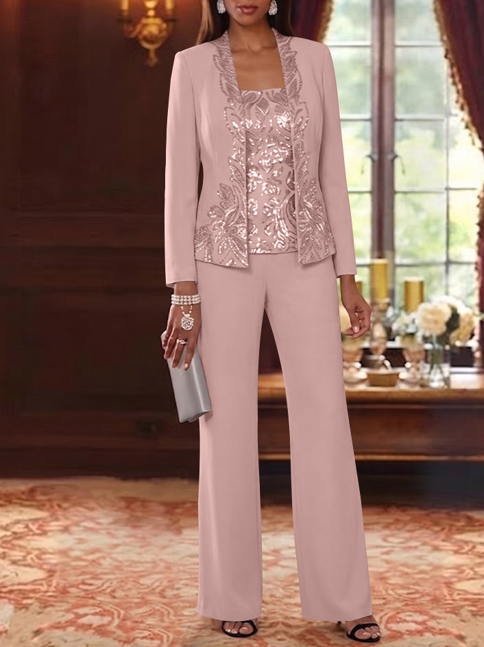 3 Pieces Scoop Chiffon Mother of the Bride Pantsuits Foral Long Sleeves Ankle-Length