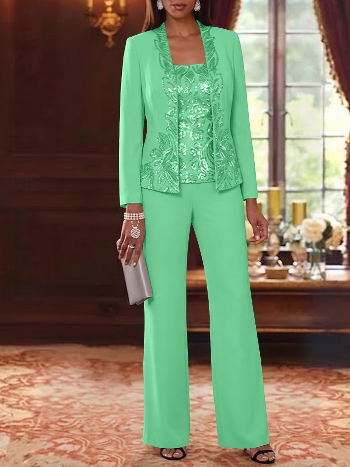 3 Pieces Scoop Chiffon Mother of the Bride Pantsuits Foral Long Sleeves Ankle-Length