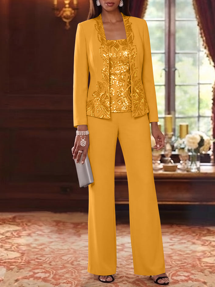 3 Pieces Scoop Chiffon Mother of the Bride Pantsuits Foral Long Sleeves Ankle-Length