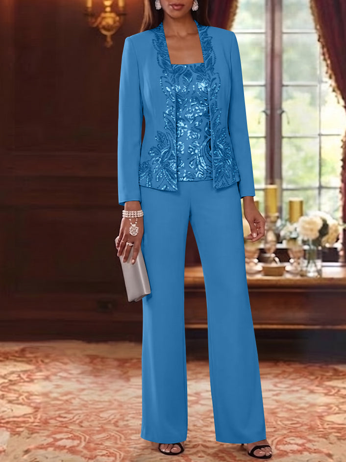 3 Pieces Scoop Chiffon Mother of the Bride Pantsuits Foral Long Sleeves Ankle-Length