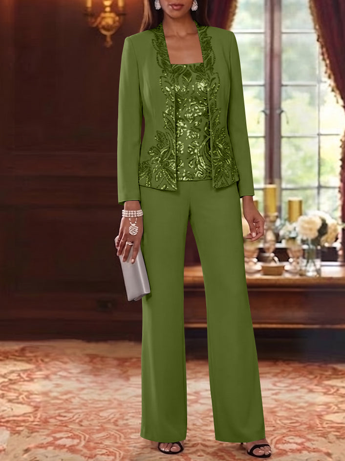 3 Pieces Scoop Chiffon Mother of the Bride Pantsuits Foral Long Sleeves Ankle-Length