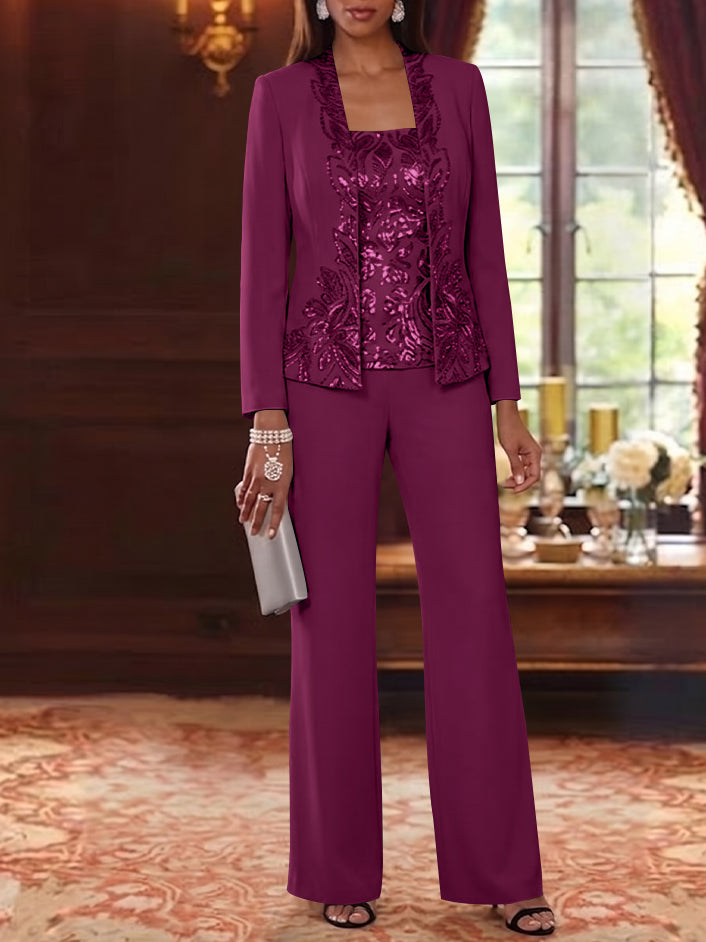 3 Pieces Scoop Chiffon Mother of the Bride Pantsuits Foral Long Sleeves Ankle-Length