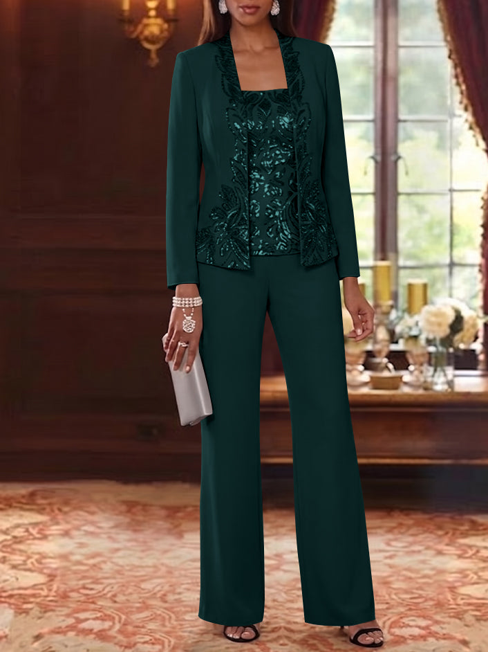 3 Pieces Scoop Chiffon Mother of the Bride Pantsuits Foral Long Sleeves Ankle-Length