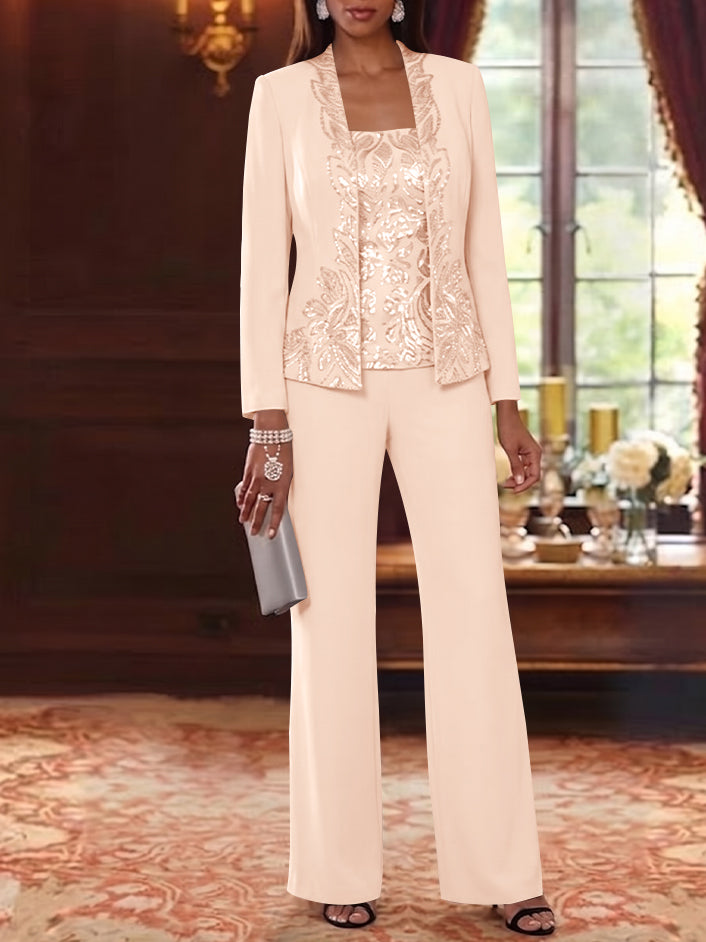 3 Pieces Scoop Chiffon Mother of the Bride Pantsuits Foral Long Sleeves Ankle-Length