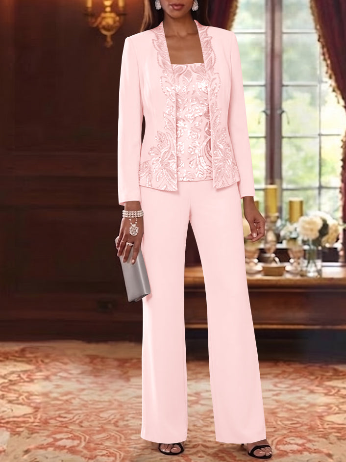 3 Pieces Scoop Chiffon Mother of the Bride Pantsuits Foral Long Sleeves Ankle-Length