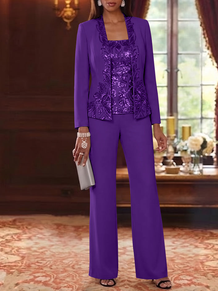 3 Pieces Scoop Chiffon Mother of the Bride Pantsuits Foral Long Sleeves Ankle-Length