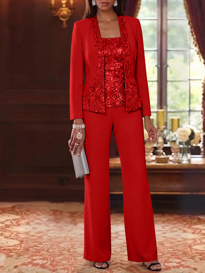 3 Pieces Scoop Chiffon Mother of the Bride Pantsuits Foral Long Sleeves Ankle-Length