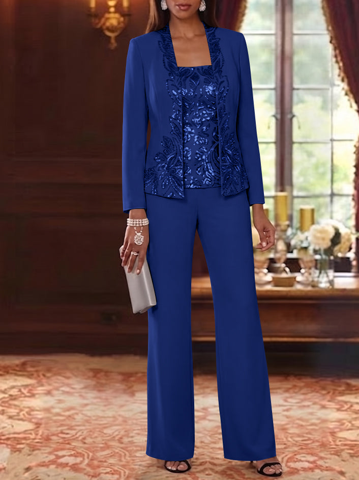 3 Pieces Scoop Chiffon Mother of the Bride Pantsuits Foral Long Sleeves Ankle-Length