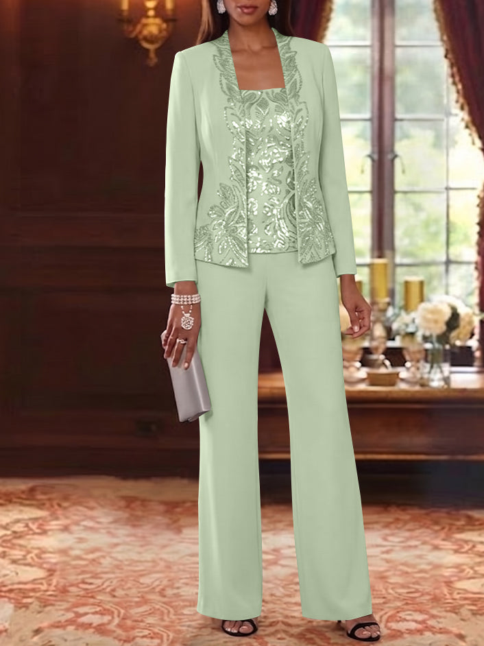 3 Pieces Scoop Chiffon Mother of the Bride Pantsuits Foral Long Sleeves Ankle-Length