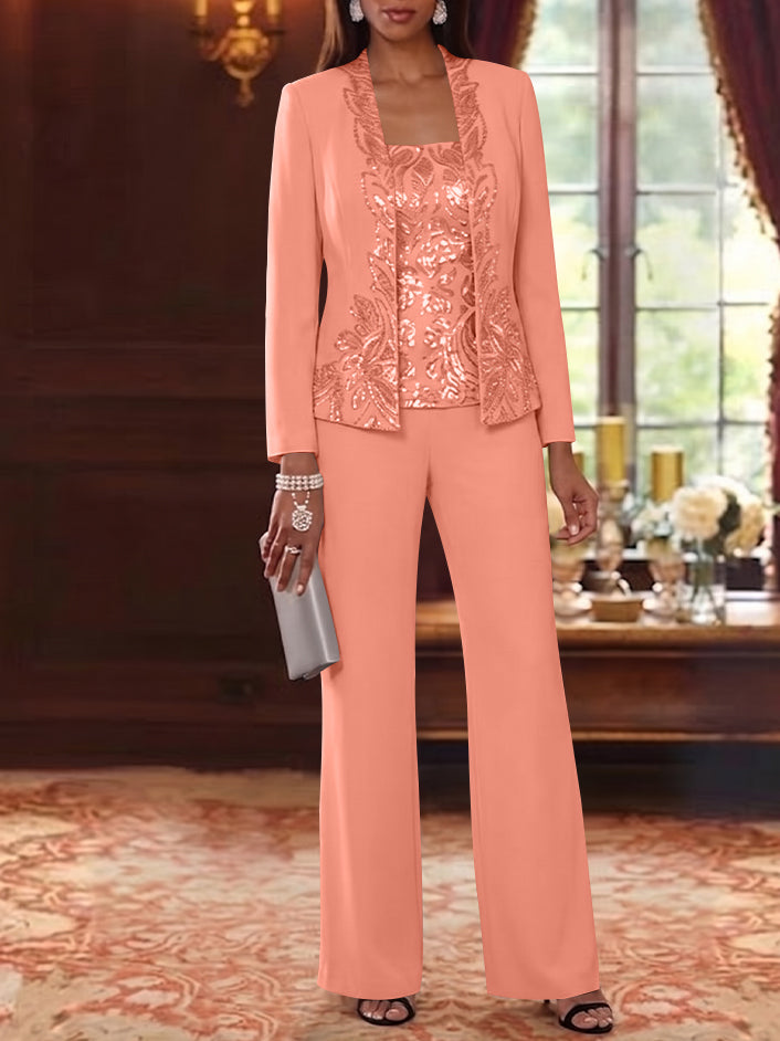 3 Pieces Scoop Chiffon Mother of the Bride Pantsuits Foral Long Sleeves Ankle-Length