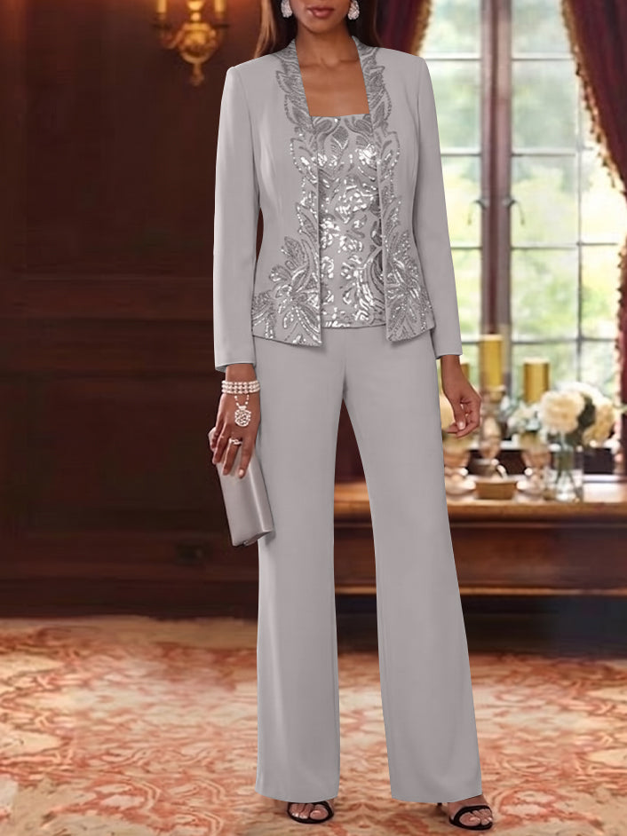 3 Pieces Scoop Chiffon Mother of the Bride Pantsuits Foral Long Sleeves Ankle-Length