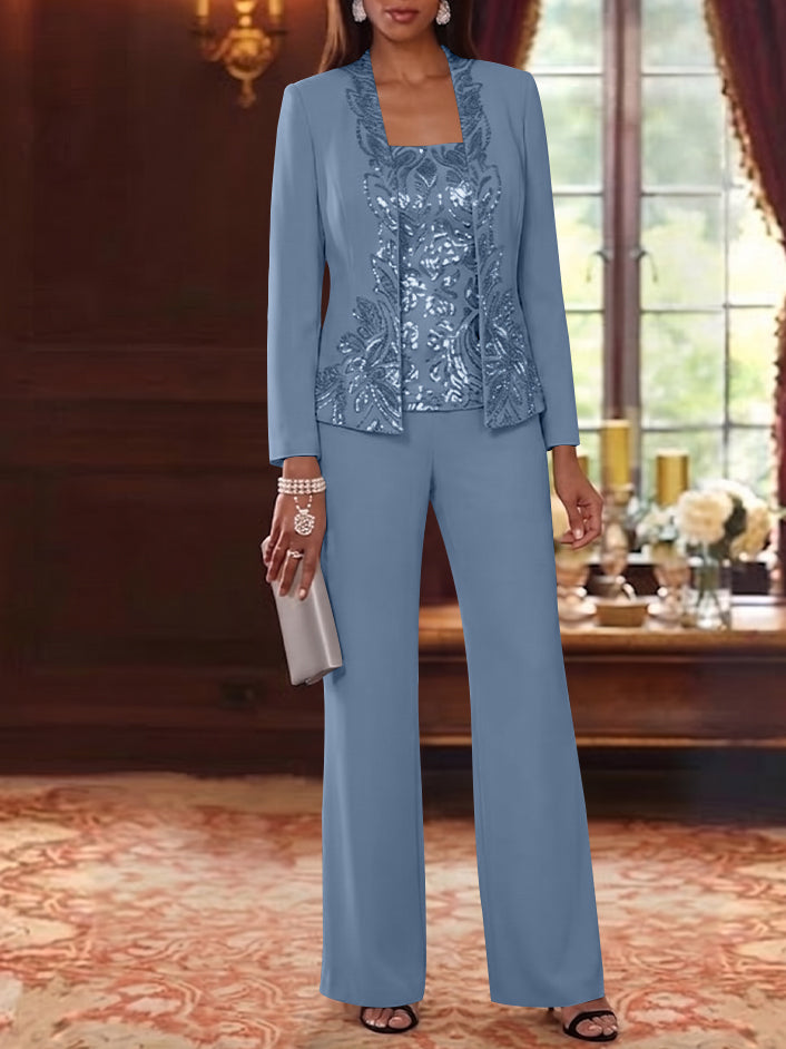 3 Pieces Scoop Chiffon Mother of the Bride Pantsuits Foral Long Sleeves Ankle-Length