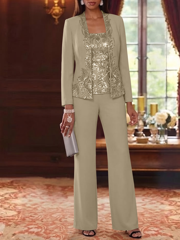 3 Pieces Scoop Chiffon Mother of the Bride Pantsuits Foral Long Sleeves Ankle-Length