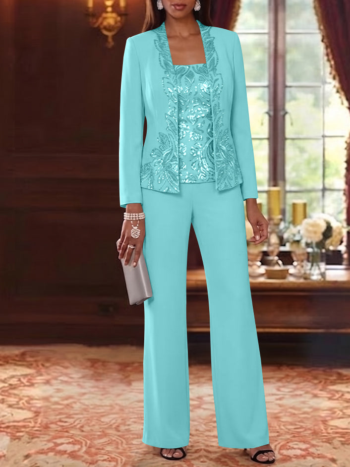 3 Pieces Scoop Chiffon Mother of the Bride Pantsuits Foral Long Sleeves Ankle-Length