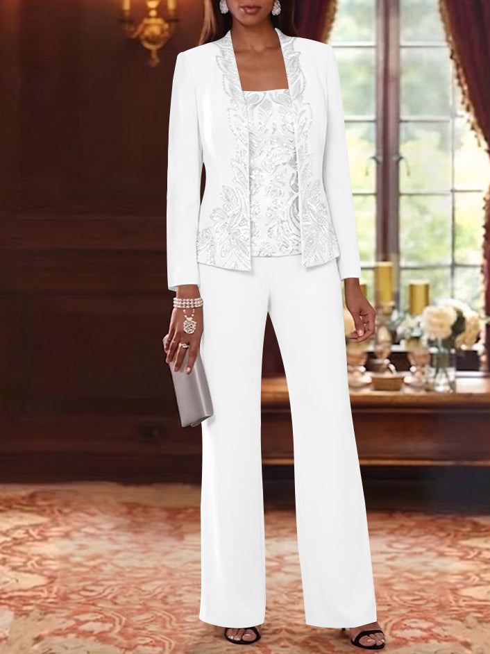 3 Pieces Scoop Chiffon Mother of the Bride Pantsuits Foral Long Sleeves Ankle-Length