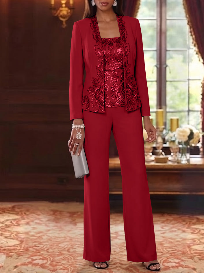 3 Pieces Scoop Chiffon Mother of the Bride Pantsuits Foral Long Sleeves Ankle-Length