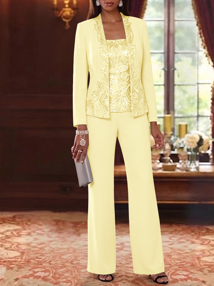 3 Pieces Scoop Chiffon Mother of the Bride Pantsuits Foral Long Sleeves Ankle-Length