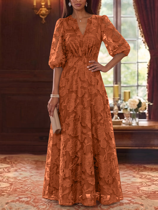 A-Line/Princess V-Neck Chiffon Floral Mother of the Bride Dresses Floor-Length Half Sleeves
