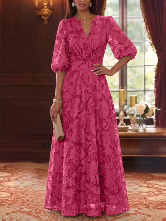 A-Line/Princess V-Neck Chiffon Floral Mother of the Bride Dresses Floor-Length Half Sleeves