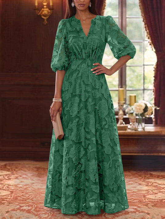 A-Line/Princess V-Neck Chiffon Floral Mother of the Bride Dresses Floor-Length Half Sleeves
