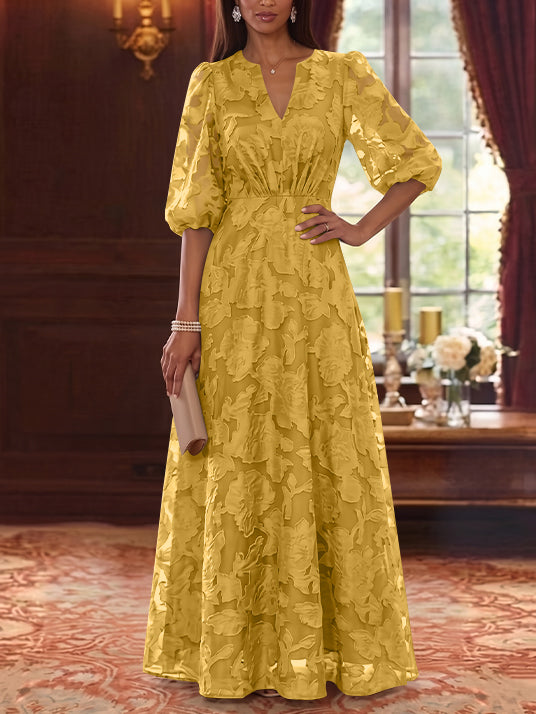A-Line/Princess V-Neck Chiffon Floral Mother of the Bride Dresses Floor-Length Half Sleeves
