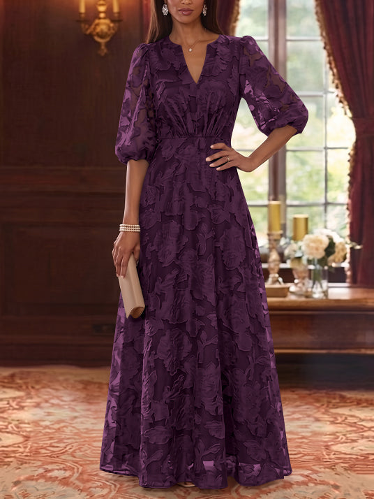A-Line/Princess V-Neck Chiffon Floral Mother of the Bride Dresses Floor-Length Half Sleeves