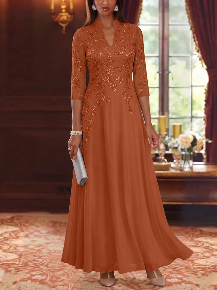 A-Line/Princess V-Neck Chiffon Mother of the Bride Dresses Lace Sequins 3/4 Sleeves Ankle-Length