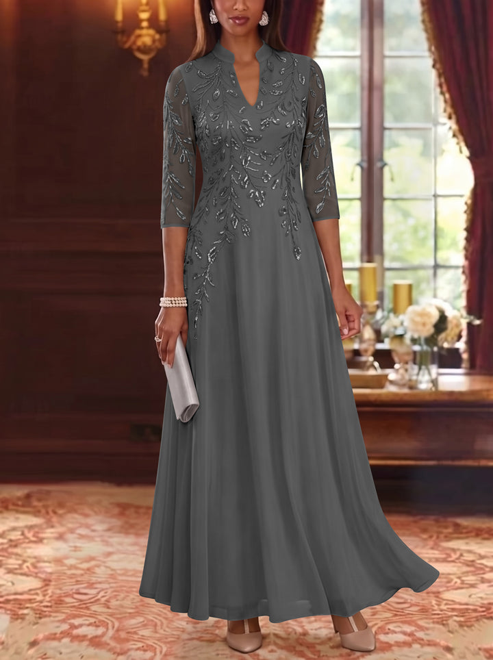 A-Line/Princess V-Neck Chiffon Mother of the Bride Dresses Lace Sequins 3/4 Sleeves Ankle-Length