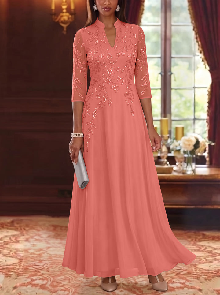 A-Line/Princess V-Neck Chiffon Mother of the Bride Dresses Lace Sequins 3/4 Sleeves Ankle-Length