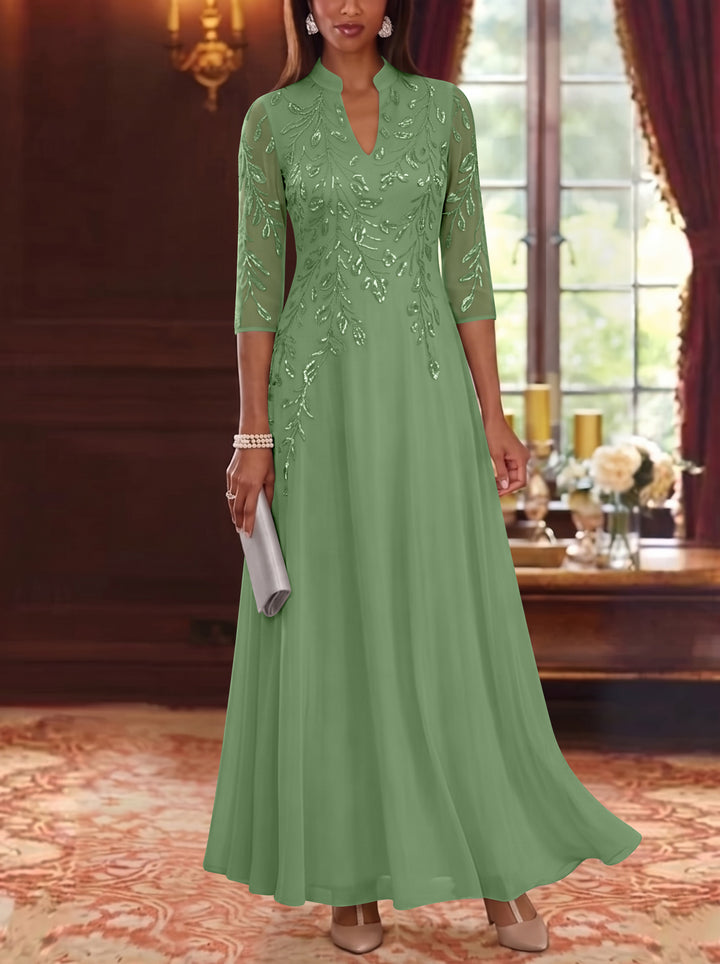 A-Line/Princess V-Neck Chiffon Mother of the Bride Dresses Lace Sequins 3/4 Sleeves Ankle-Length