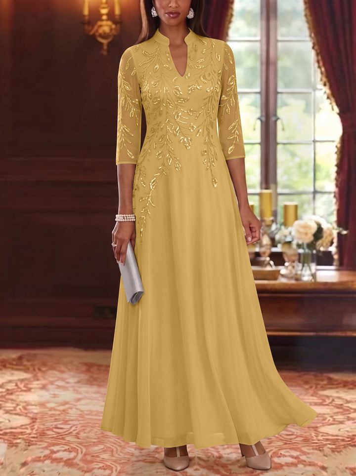 A-Line/Princess V-Neck Chiffon Mother of the Bride Dresses Lace Sequins 3/4 Sleeves Ankle-Length