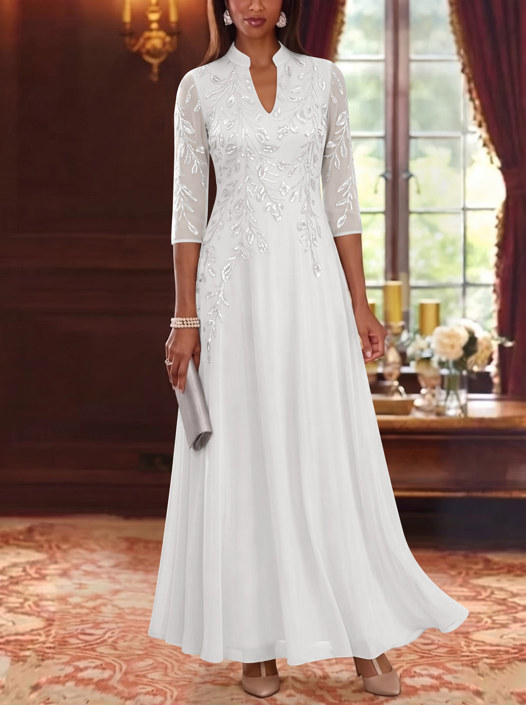 A-Line/Princess V-Neck Chiffon Mother of the Bride Dresses Lace Sequins 3/4 Sleeves Ankle-Length