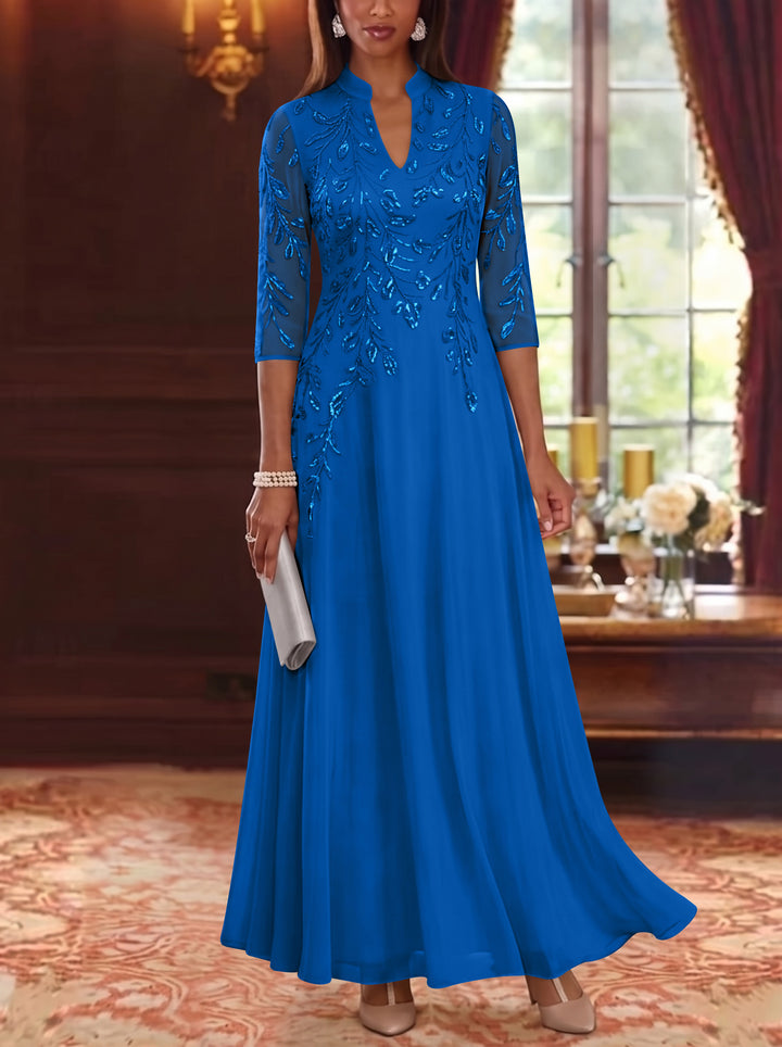 A-Line/Princess V-Neck Chiffon Mother of the Bride Dresses Lace Sequins 3/4 Sleeves Ankle-Length