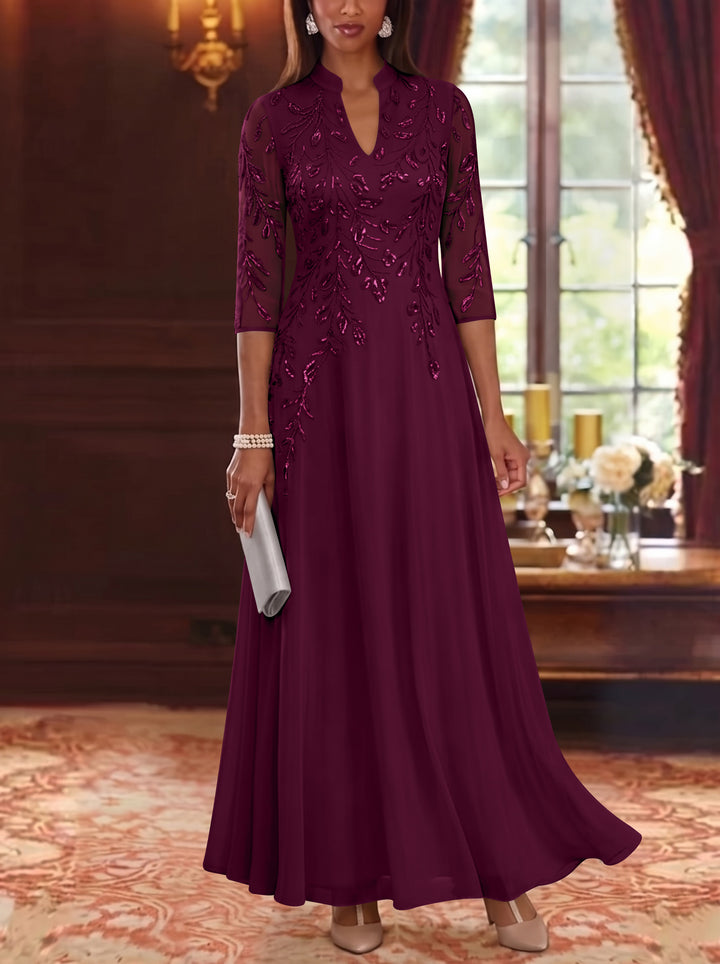 A-Line/Princess V-Neck Chiffon Mother of the Bride Dresses Lace Sequins 3/4 Sleeves Ankle-Length