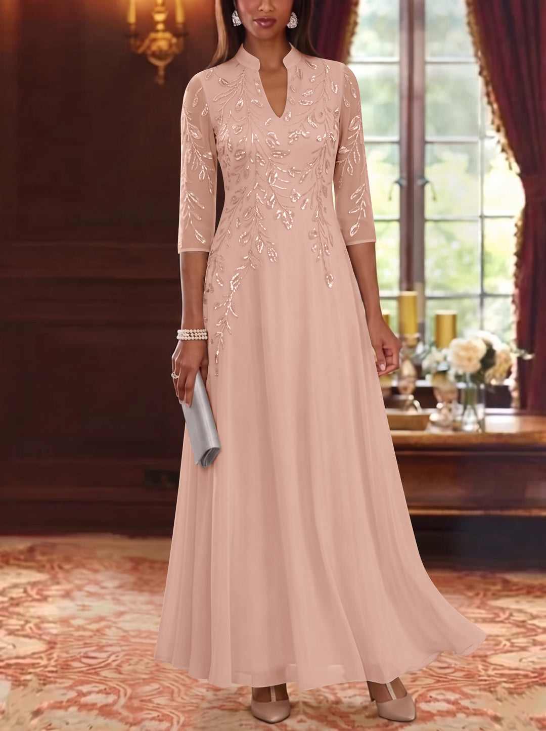 A-Line/Princess V-Neck Chiffon Mother of the Bride Dresses Lace Sequins 3/4 Sleeves Ankle-Length