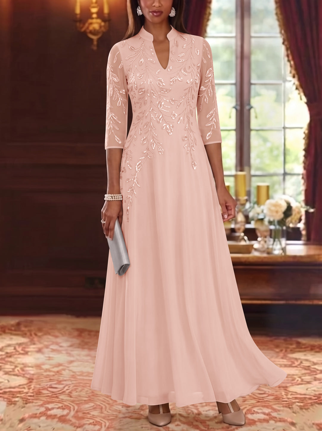 A-Line/Princess V-Neck Chiffon Mother of the Bride Dresses Lace Sequins 3/4 Sleeves Ankle-Length